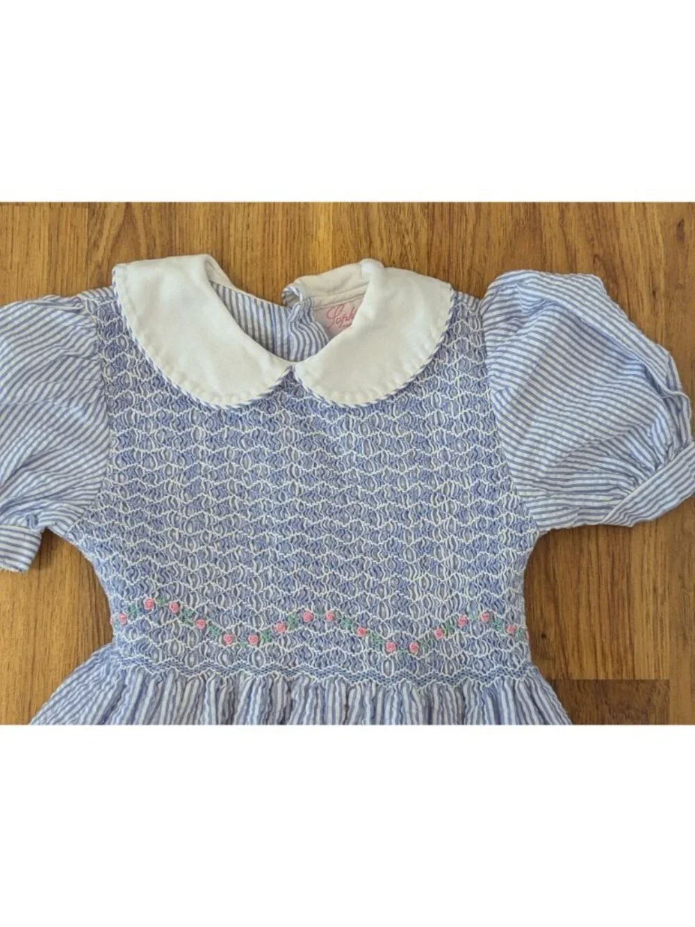 Vintage Sophie Dess Blue & White Striped Smocked Dress With Peter Pan Collar & P